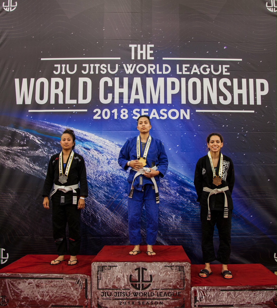 Jessica securing a bronze medal at Jiu Jitsu World Championships in Azusa