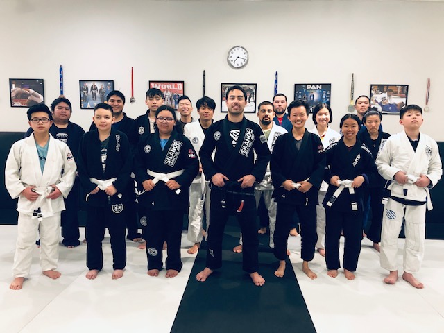 Professsor Gino with the teen and adult students in the Jiu-Jitsu fundamentals class.