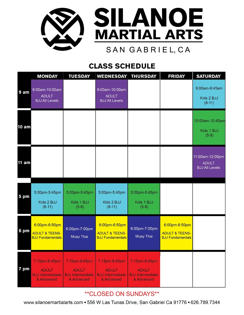 Silanoe Martial Arts Class Schedule June 2020 Silanoe Martial Arts June 2020 Class Schedule for Muay Thai Kickboxing and Jiu-Jitsu